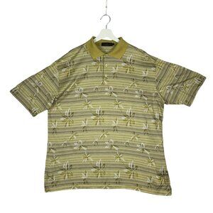 Bugatchi Uomo Polo Shirt Mens XL Tan Yellow Floral Striped Egyptian Cotton